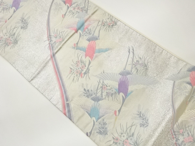 JAPANESE FUKURO OBI / WOVEN FLORAL PLANTS & CRANES